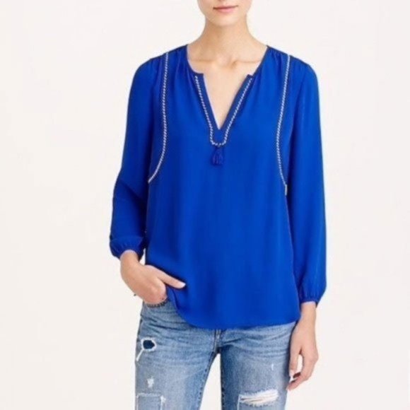 J. Crew Royal Blue Tassel Trim Popover Blouse Boho Chic Lightweight Size 4 - Picture 9 of 9